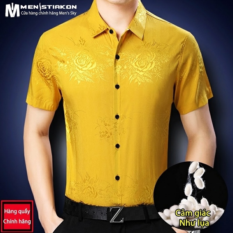 Áo Sơ Mi Nam Tay Ngắn Họa Tiết Hoa Mùa Hè Trung Niên Dáng Rộng Lụa Băng Màu Xanh Navy, Vàng, Xanh Rêu, Xanh...