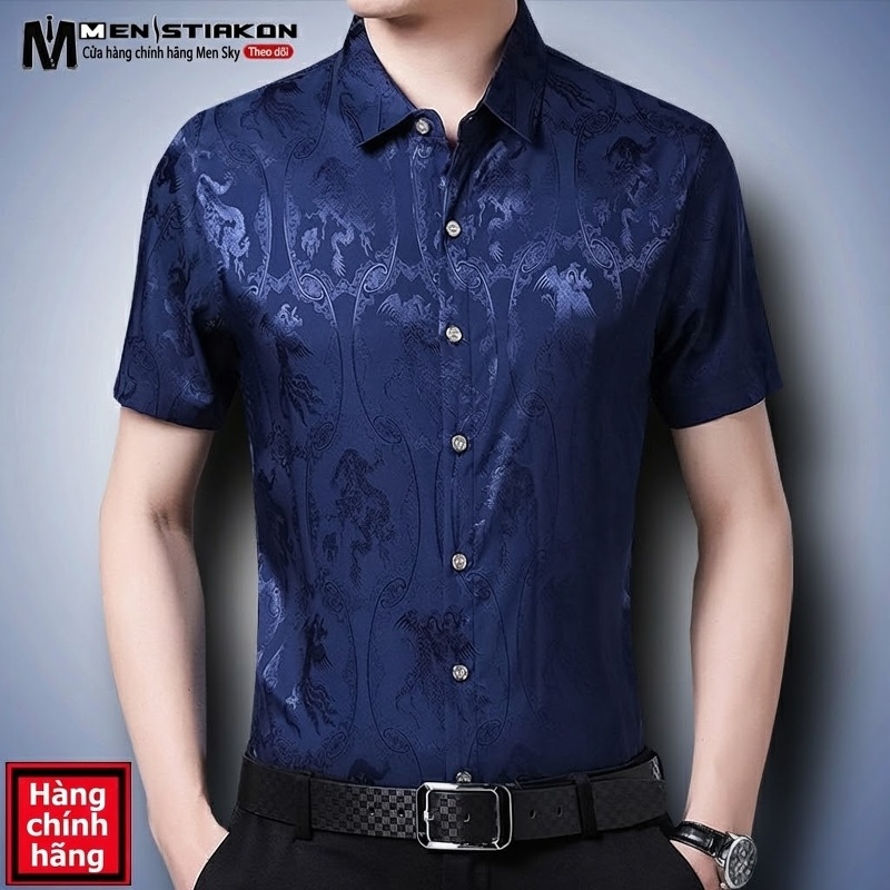 Áo Sơ Mi Nam Tay Ngắn Họa Tiết Hoa Mùa Hè Trung Niên Dáng Rộng Lụa Băng Màu Xanh Navy, Vàng, Xanh Rêu, Xanh...