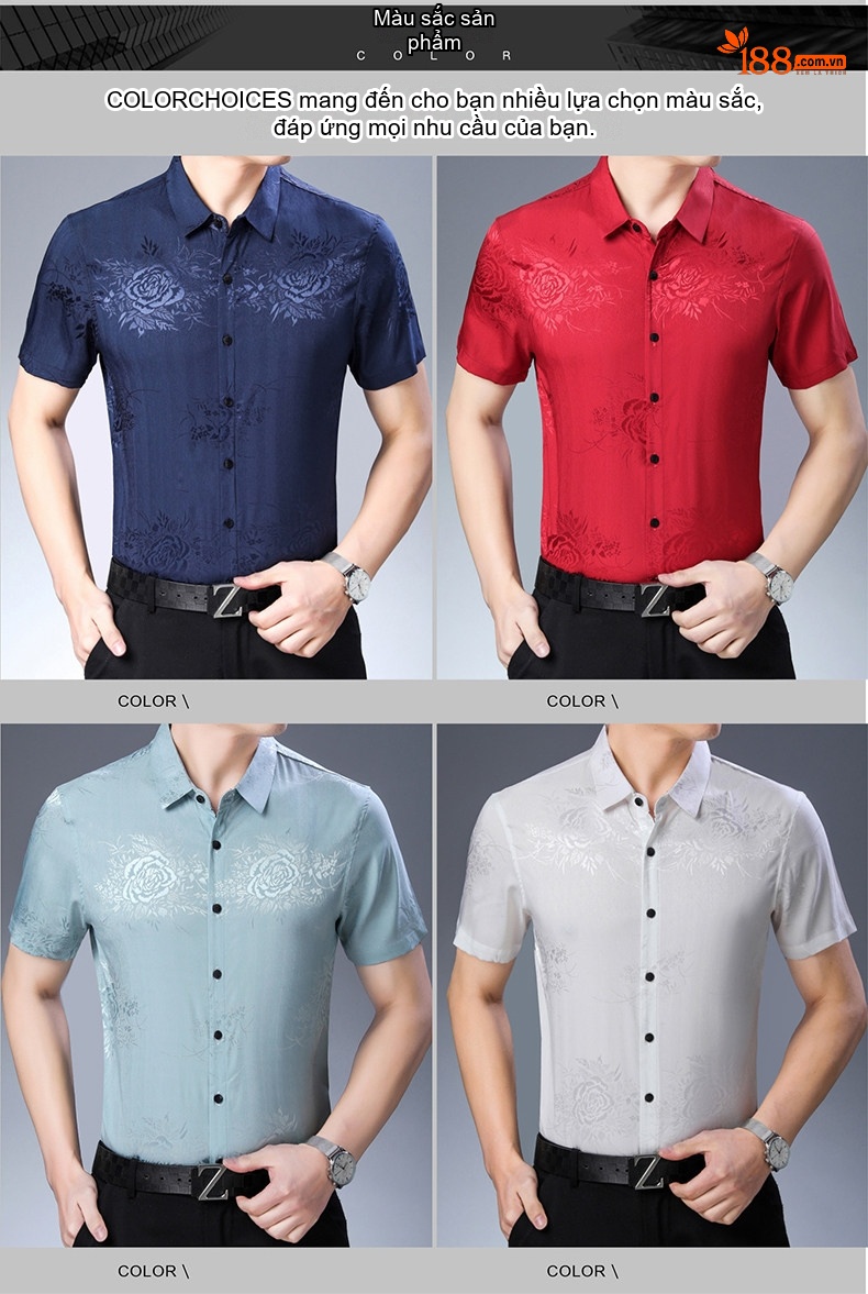 Áo Sơ Mi Nam Tay Ngắn Họa Tiết Hoa Mùa Hè Trung Niên Dáng Rộng Lụa Băng Màu Xanh Navy, Vàng, Xanh Rêu, Xanh... chi tiết 2