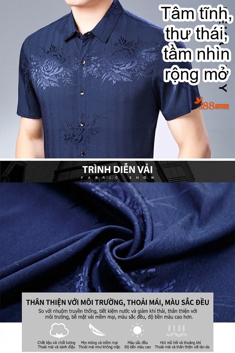 Áo Sơ Mi Nam Tay Ngắn Họa Tiết Hoa Mùa Hè Trung Niên Dáng Rộng Lụa Băng Màu Xanh Navy, Vàng, Xanh Rêu, Xanh... chi tiết 5
