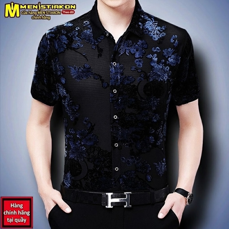 Áo Sơ Mi Nam Tay Ngắn Họa Tiết Hoa Văn Trung Niên Phong Cách Business Casual Màu Đen, Xanh Dương, Xanh Lá...