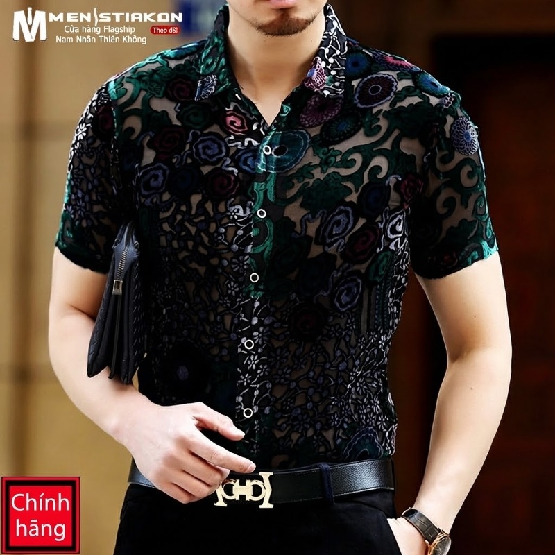 Áo Sơ Mi Nam Tay Ngắn Họa Tiết Hoa Văn Trung Niên Phong Cách Business Casual Màu Đen, Xanh Dương, Xanh Lá...