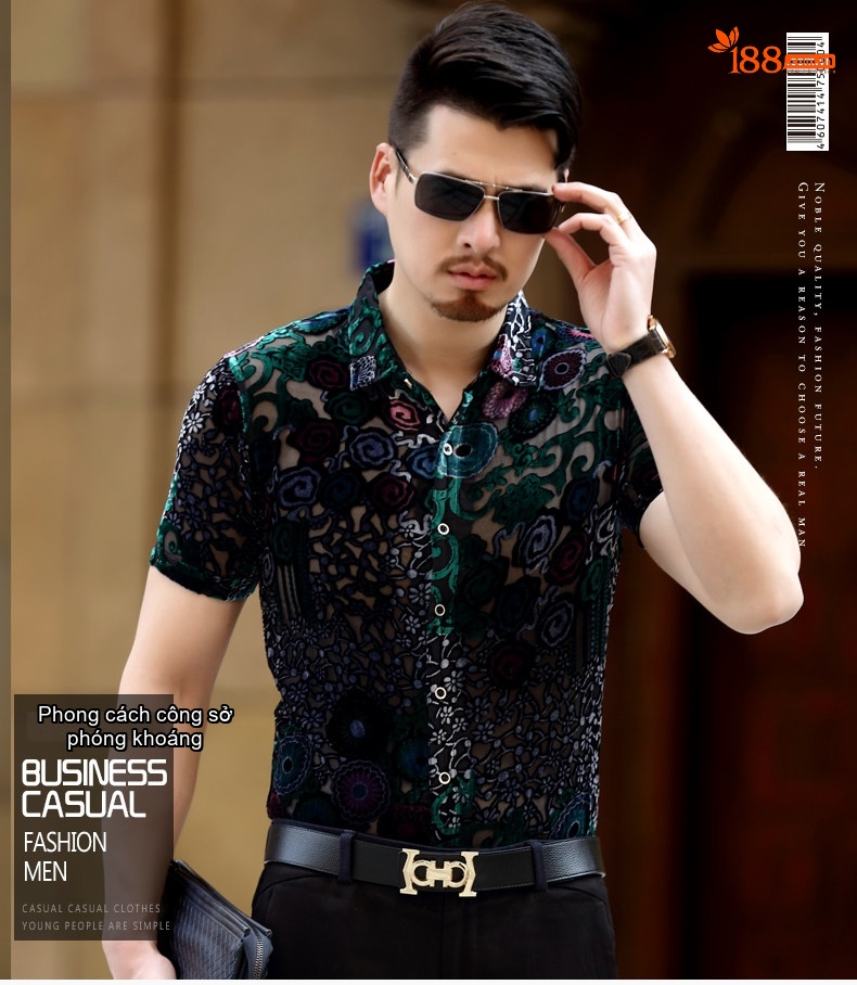 Áo Sơ Mi Nam Tay Ngắn Họa Tiết Hoa Văn Trung Niên Phong Cách Business Casual Màu Đen, Xanh Dương, Xanh Lá... chi tiết 1