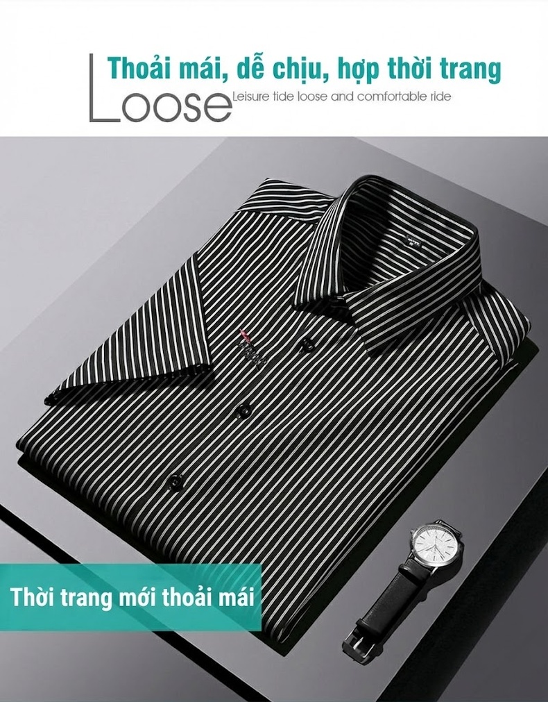 Áo Sơ Mi Nam Tay Ngắn Họa Tiết Sọc Cổ Bẻ Phong Cách Casual chi tiết 5