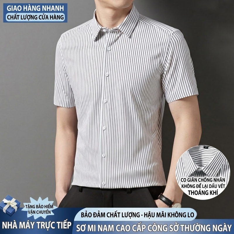 Áo Sơ Mi Nam Tay Ngắn Họa Tiết Sọc Cổ Bẻ Phong Cách Casual