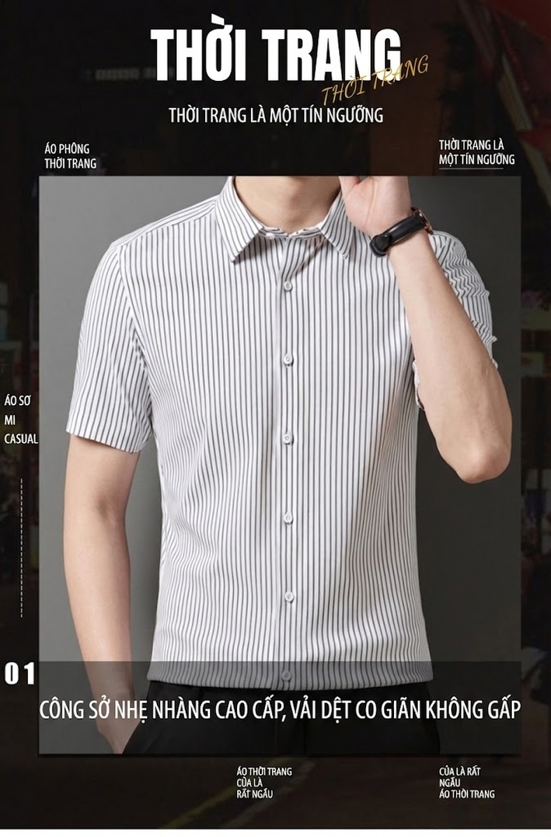 Áo Sơ Mi Nam Tay Ngắn Họa Tiết Sọc Cổ Bẻ Phong Cách Casual chi tiết 1