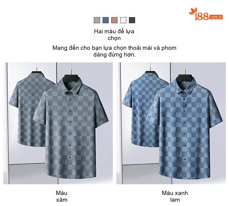 Áo Sơ Mi Nam Tay Ngắn Ice Silk Họa Tiết Caro Thoáng Mát Màu Xanh, Xám chi tiết 1