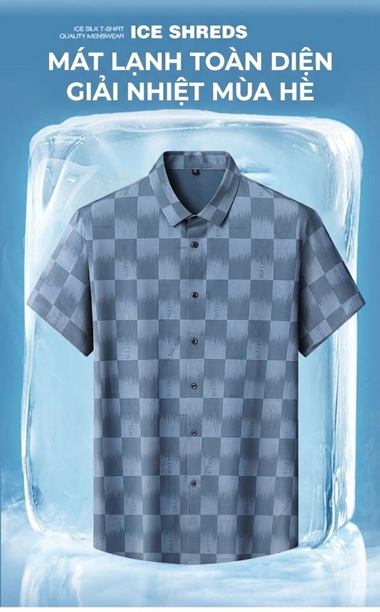 Áo Sơ Mi Nam Tay Ngắn Ice Silk Họa Tiết Caro Thoáng Mát Màu Xanh, Xám chi tiết 5