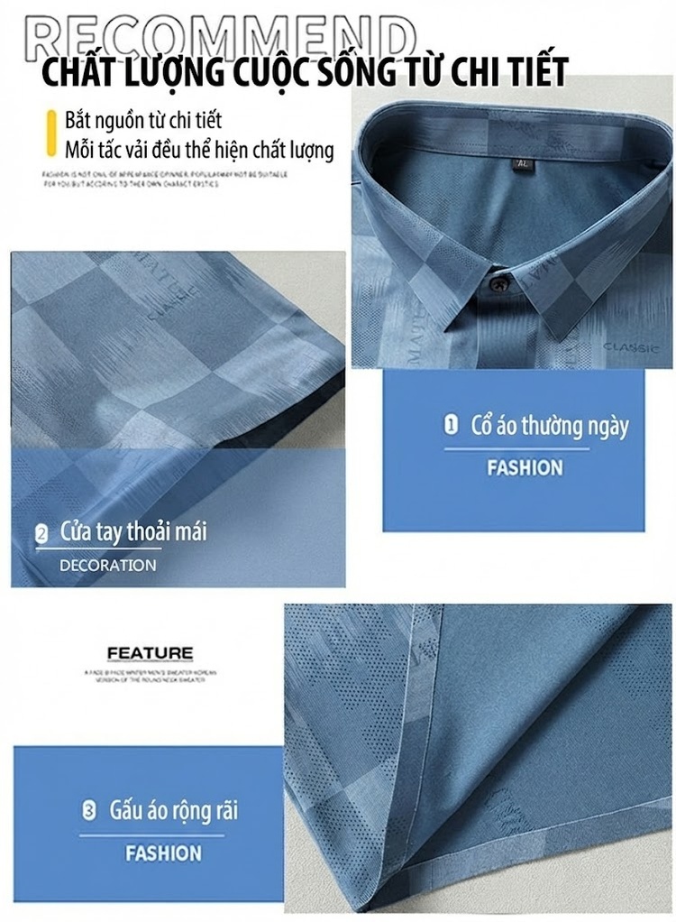 Áo Sơ Mi Nam Tay Ngắn Ice Silk Họa Tiết Caro Thoáng Mát Màu Xanh, Xám chi tiết 6