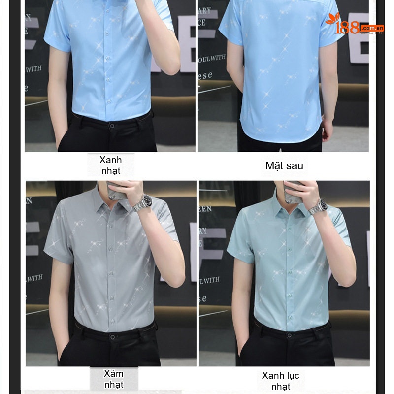 Áo Sơ Mi Nam Tay Ngắn In Họa Tiết Sợi Tre Thoáng Mát Phong Cách Hàn Quốc Màu Xanh Nhạt, Xám, Xanh Lục Nhạt
