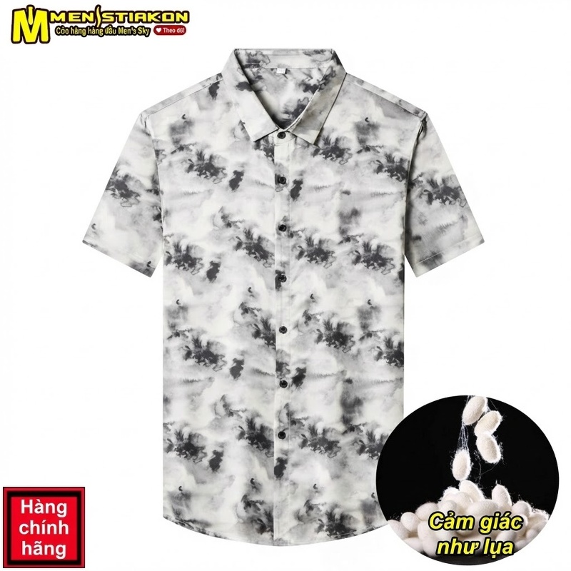 Áo Sơ Mi Nam Tay Ngắn Lụa Băng In Hoa Họa Tiết Cao Cấp Phong Cách Trung Niên