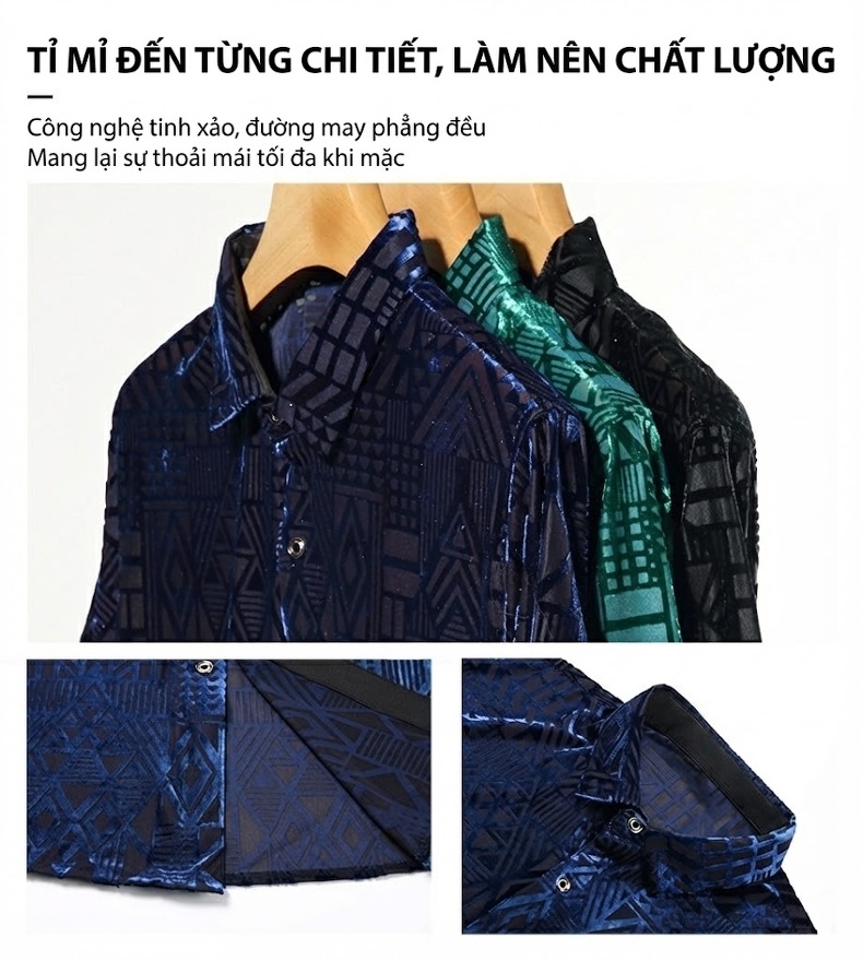 Áo Sơ Mi Nam Tay Ngắn Lụa Băng Nhung Gân Họa Tiết Màu Xanh Navy, Đen, Xanh Lá chi tiết 4