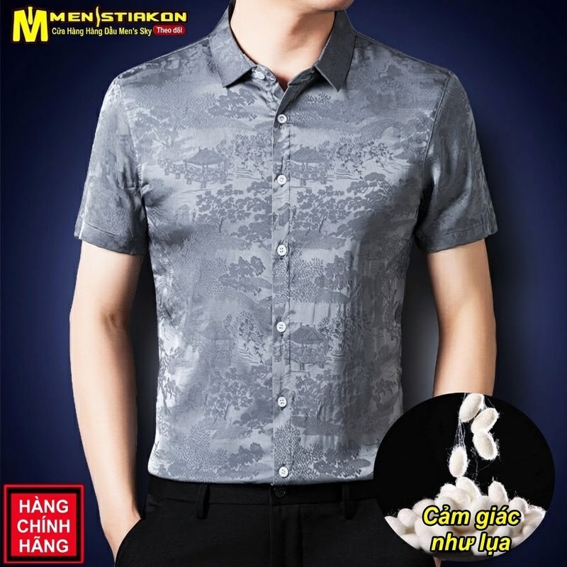 Áo Sơ Mi Nam Tay Ngắn Lụa Hoa Văn Trung Niên Dáng Rộng Màu Nâu, Xám, Đỏ