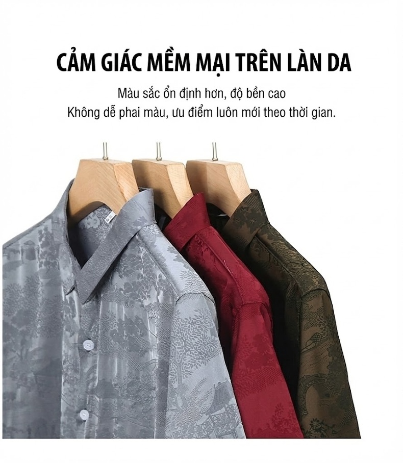 Áo Sơ Mi Nam Tay Ngắn Lụa Hoa Văn Trung Niên Dáng Rộng Màu Nâu, Xám, Đỏ chi tiết 5