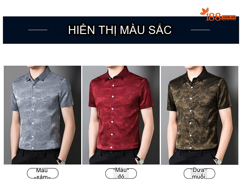 Áo Sơ Mi Nam Tay Ngắn Lụa Hoa Văn Trung Niên Dáng Rộng Màu Nâu, Xám, Đỏ chi tiết 7