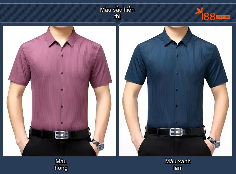 Áo Sơ Mi Nam Tay Ngắn Lụa Tằm Thượng Hạng Họa Tiết Sọc Chống Nhăn Màu Xanh Navy, Đỏ Tía chi tiết 4