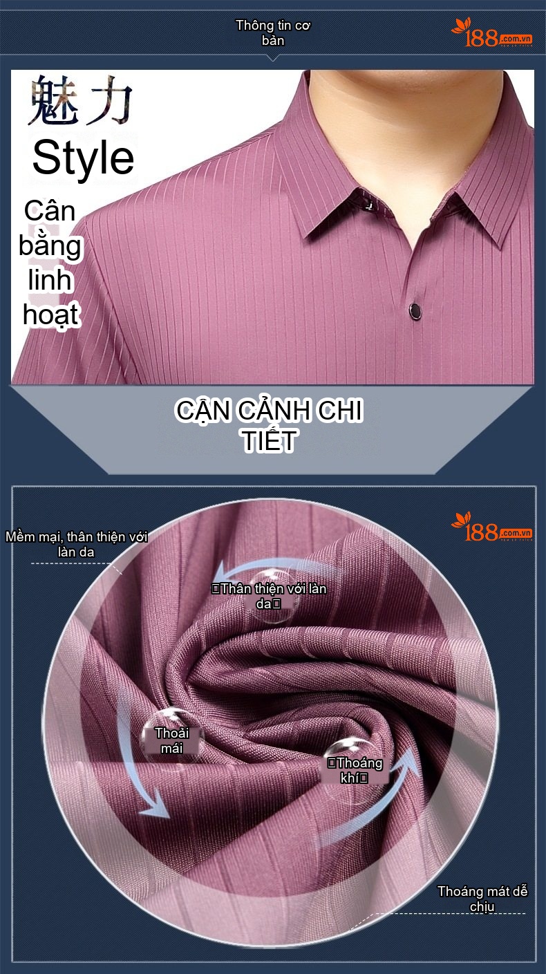 Áo Sơ Mi Nam Tay Ngắn Lụa Tằm Thượng Hạng Họa Tiết Sọc Chống Nhăn Màu Xanh Navy, Đỏ Tía chi tiết 2