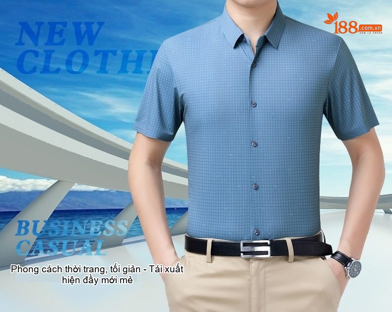 Áo Sơ Mi Nam Tay Ngắn Lụa Tằm Tơ Họa Tiết Kẻ Sọc Chống Nhăn Màu Xanh, Tím chi tiết 1