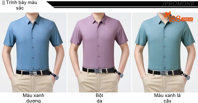 Áo Sơ Mi Nam Tay Ngắn Lụa Tằm Tơ Họa Tiết Kẻ Sọc Chống Nhăn Màu Xanh, Tím chi tiết 7
