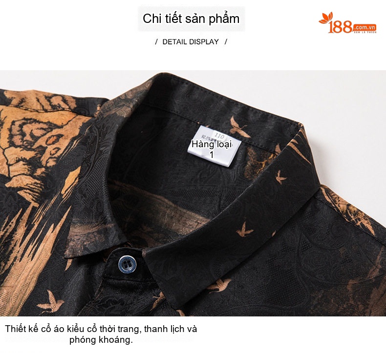 Áo Sơ Mi Nam Tay Ngắn Lụa Tơ Tằm Họa Tiết In Hoa Phong Cách Trung Niên Màu Đen, Nâu chi tiết 9