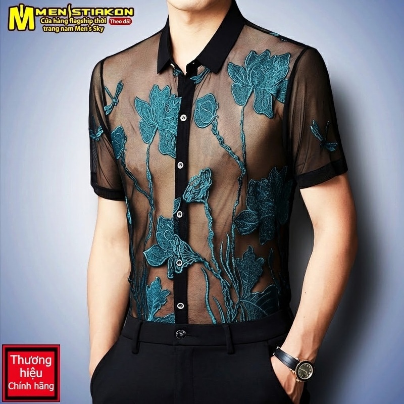 Áo Sơ Mi Nam Tay Ngắn Mỏng Lưới Thêu Hoa Phong Cách Thời Trang Màu Đen, Xanh