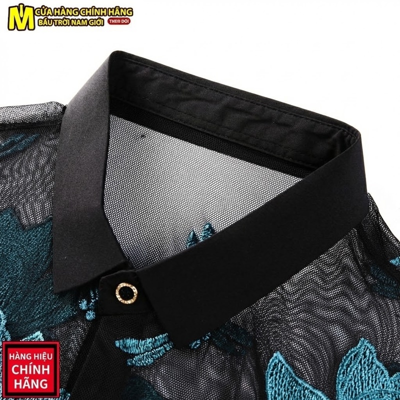 Áo Sơ Mi Nam Tay Ngắn Mỏng Lưới Thêu Hoa Phong Cách Thời Trang Màu Đen, Xanh