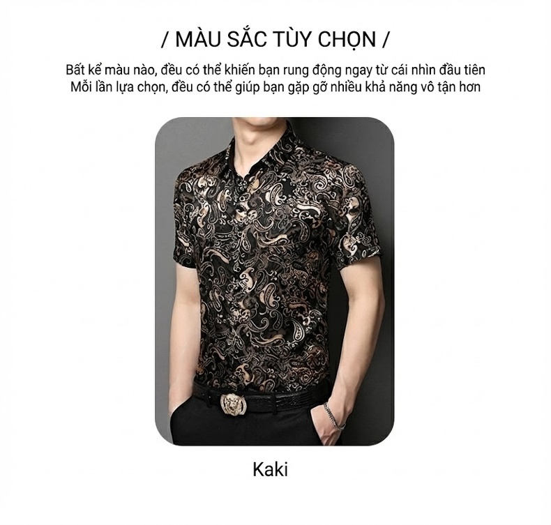 Áo Sơ Mi Nam Tay Ngắn Mỏng Thoáng Mát Họa Tiết Hoa Văn Thời Trang Trung Niên Màu Đen, Vàng chi tiết 9