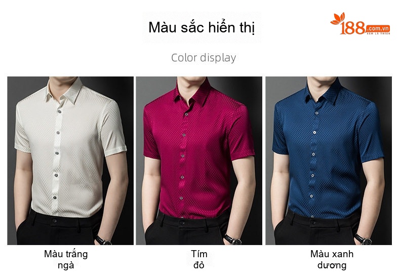 Áo Sơ Mi Nam Tay Ngắn 真丝桑蚕丝 Mùa Hè Phong Cách Cao Cấp Màu Trắng, Đỏ, Xanh Navy chi tiết 8