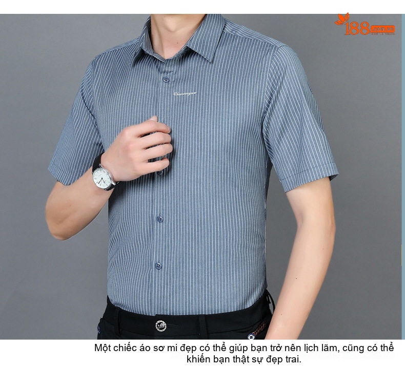 Áo Sơ Mi Nam Tay Ngắn Sọc Kẻ Chống Nhăn Thời Trang chi tiết 25