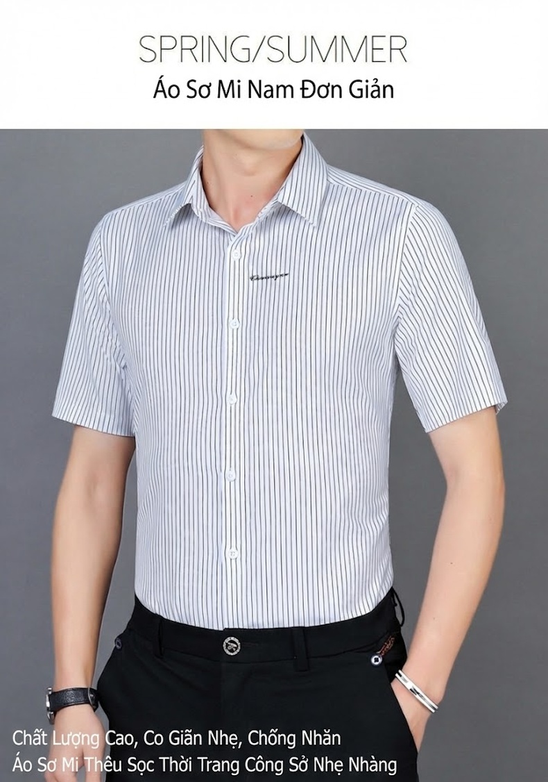 Áo Sơ Mi Nam Tay Ngắn Sọc Kẻ Chống Nhăn Thời Trang chi tiết 1