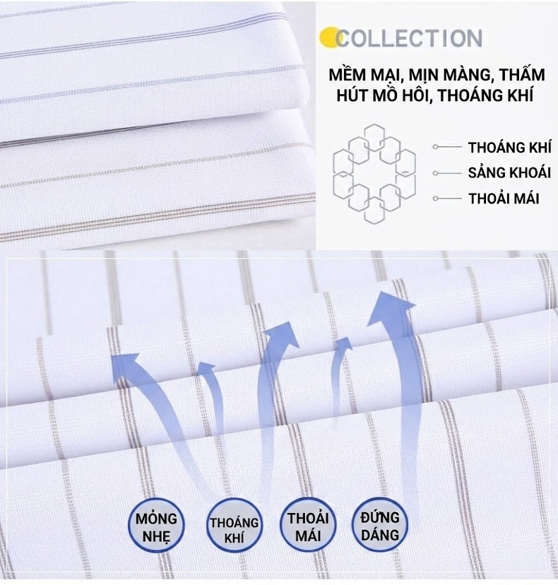 Áo Sơ Mi Nam Tay Ngắn Sọc Kẻ Thời Trang Không Nhăn Thoải Mái Màu Trắng Sọc Xám chi tiết 3