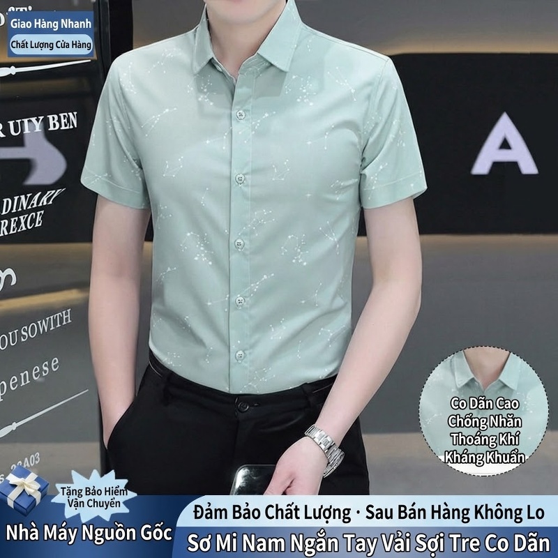 Áo Sơ Mi Nam Tay Ngắn Sợi Tre Mỏng Dáng Ôm Chống Nhăn Màu Xanh Bạc Hà