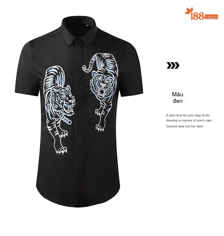 Áo Sơ Mi Nam Tay Ngắn Thêu Họa Tiết Hổ Phong Cách Casual Màu Đen chi tiết 7