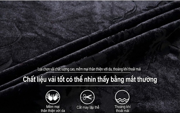 Áo Sơ Mi Nam Tay Ngắn Vải Gấm Nhung Lụa Họa Tiết Hoa Văn Màu Đen chi tiết 2