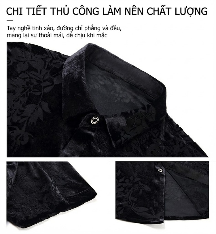 Áo Sơ Mi Nam Tay Ngắn Vải Gấm Nhung Lụa Họa Tiết Hoa Văn Màu Đen chi tiết 4