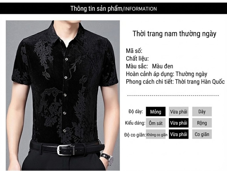 Áo Sơ Mi Nam Tay Ngắn Vải Gấm Nhung Lụa Họa Tiết Hoa Văn Màu Đen chi tiết 6