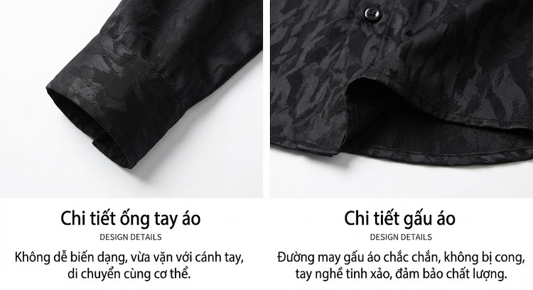 Áo Sơ Mi Nam Tay Ngắn Vải Gấm Nhung Lụa Họa Tiết Hoa Văn Màu Đen chi tiết 11