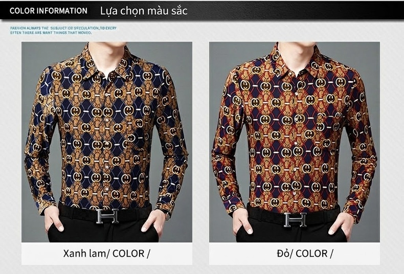 Áo Sơ Mi Nam Trung Niên Hoa Văn Tay Dài Chất Liệu Băng Lụa Mềm Mát Thoáng Khí Màu Xanh Navy, Nâu, Vàng chi tiết 5