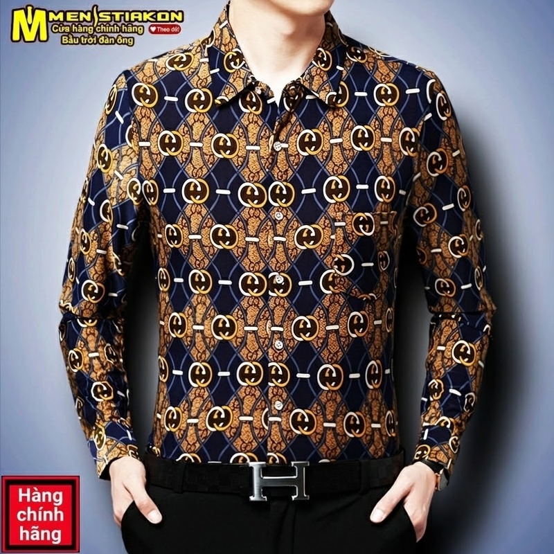 Áo Sơ Mi Nam Trung Niên Hoa Văn Tay Dài Chất Liệu Băng Lụa Mềm Mát Thoáng Khí Màu Xanh Navy, Nâu, Vàng