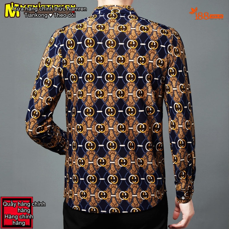 Áo Sơ Mi Nam Trung Niên Hoa Văn Tay Dài Chất Liệu Băng Lụa Mềm Mát Thoáng Khí Màu Xanh Navy, Nâu, Vàng