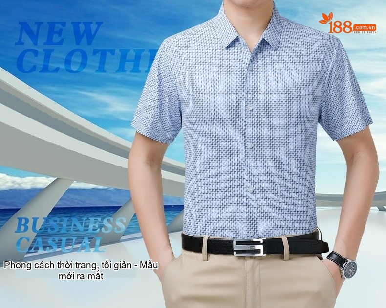 Áo Sơ Mi Nam Trung Niên Lụa Tơ Tằm Tay Ngắn Họa Tiết Màu Xanh, Xám chi tiết 1