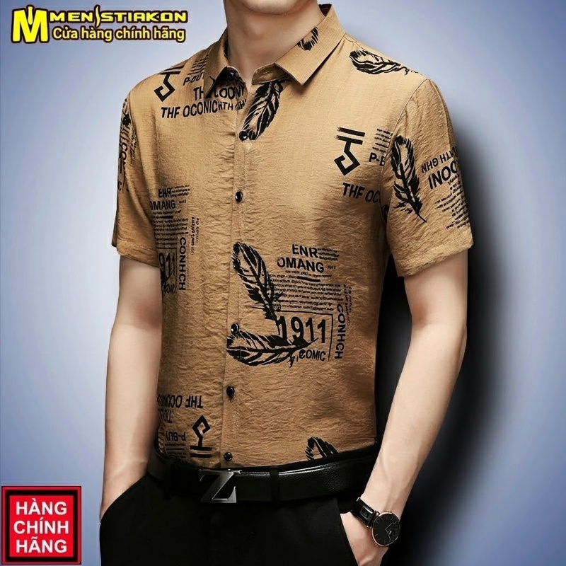 Áo Sơ Mi Ngắn Tay Họa Tiết Hoa Văn Nam Trung Niên Phong Cách Bố Màu Nâu