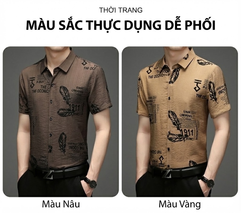 Áo Sơ Mi Ngắn Tay Họa Tiết Hoa Văn Nam Trung Niên Phong Cách Bố Màu Nâu chi tiết 4