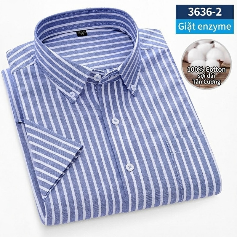 Áo Sơ Mi Ngắn Tay Nam Cotton Oxford Sọc Caro Thanh Lịch Màu Xanh Dương, Xanh Lá, Xám