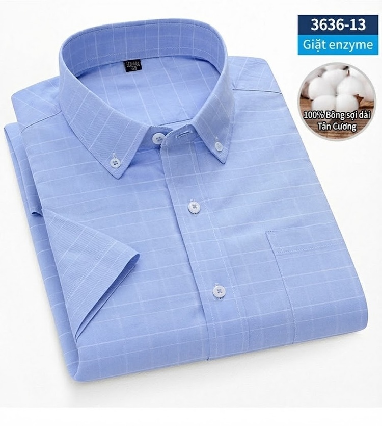 Áo Sơ Mi Ngắn Tay Nam Cotton Oxford Sọc Caro Thanh Lịch Màu Xanh Dương, Xanh Lá, Xám chi tiết 36