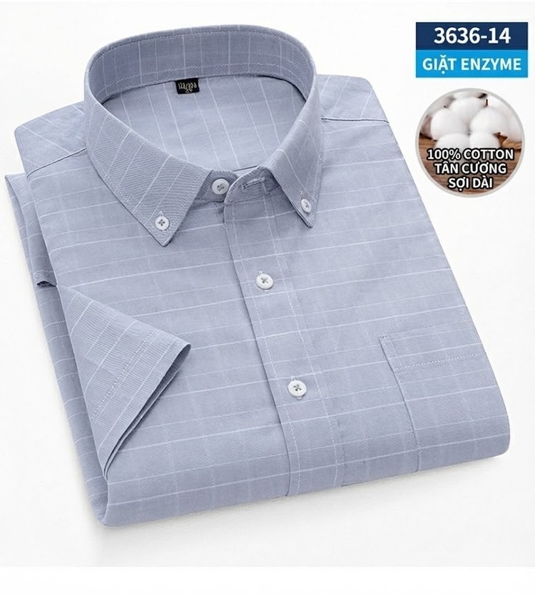 Áo Sơ Mi Ngắn Tay Nam Cotton Oxford Sọc Caro Thanh Lịch Màu Xanh Dương, Xanh Lá, Xám chi tiết 39