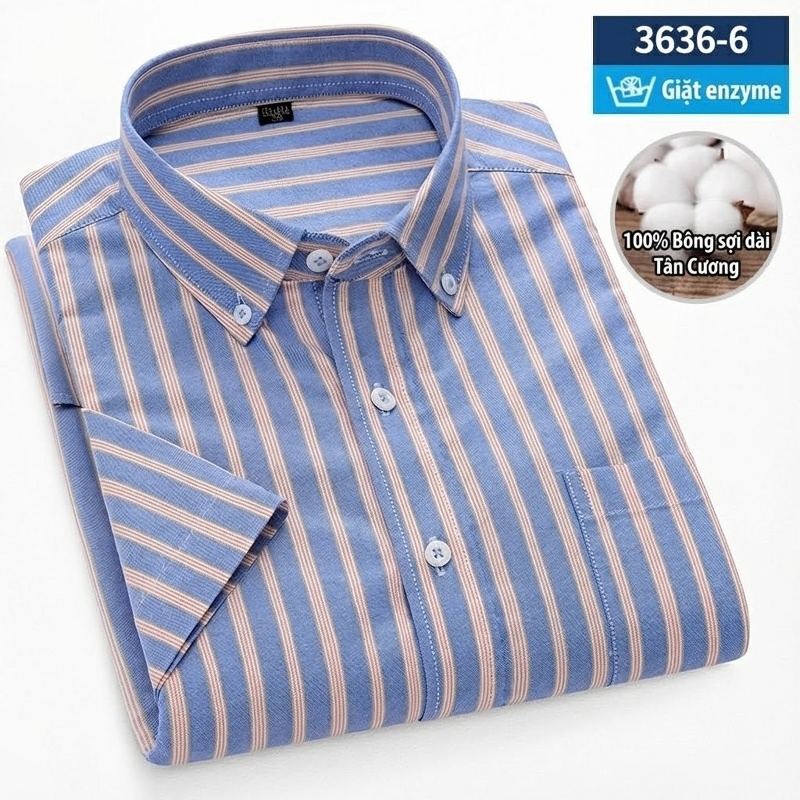 Áo Sơ Mi Ngắn Tay Nam Cotton Oxford Sọc Caro Thanh Lịch Màu Xanh Dương, Xanh Lá, Xám