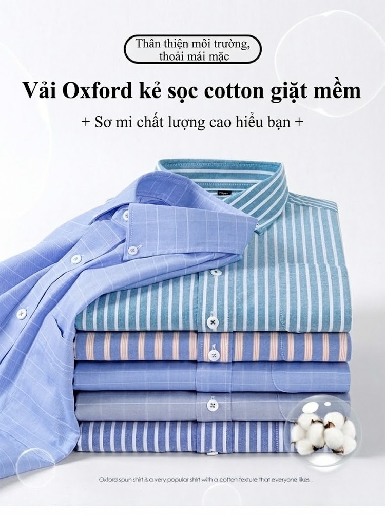 Áo Sơ Mi Ngắn Tay Nam Cotton Oxford Sọc Caro Thanh Lịch Màu Xanh Dương, Xanh Lá, Xám chi tiết 9