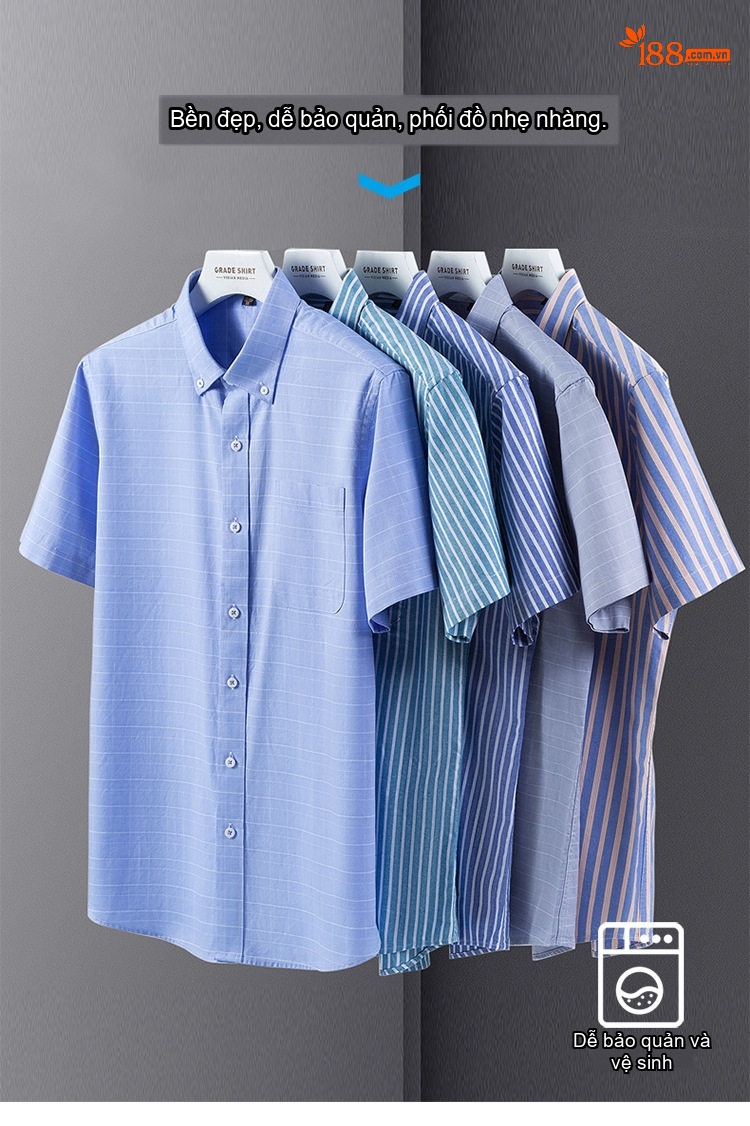 Áo Sơ Mi Ngắn Tay Nam Cotton Oxford Sọc Caro Thanh Lịch Màu Xanh Dương, Xanh Lá, Xám chi tiết 21