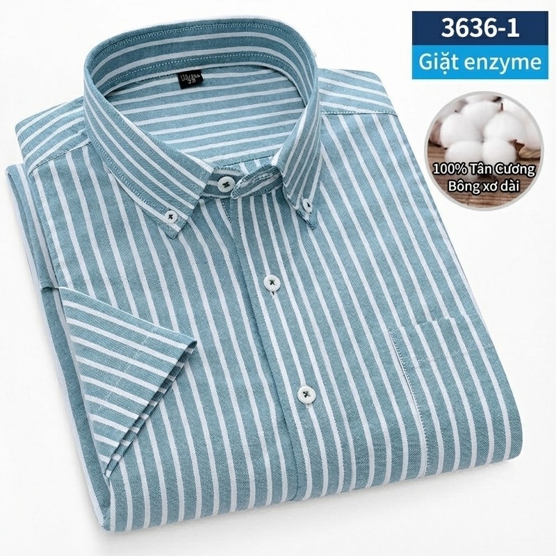 Áo Sơ Mi Ngắn Tay Nam Cotton Oxford Sọc Caro Thanh Lịch Màu Xanh Dương, Xanh Lá, Xám